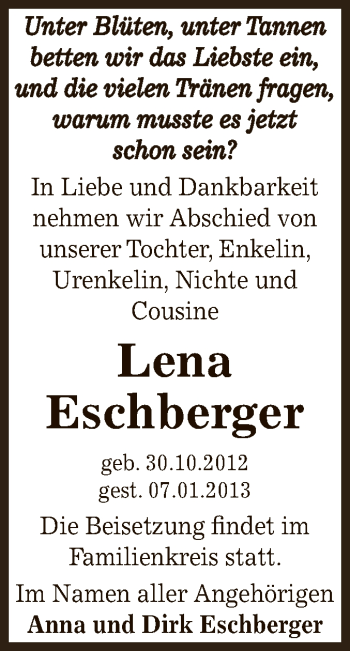 Traueranzeige von Lena Eschberger von Mitteldeutsche Zeitung Bernburg