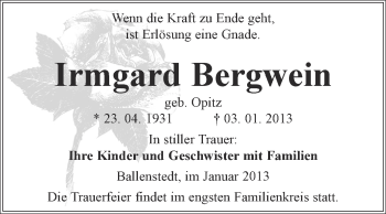 Traueranzeige von Irmgard Bergwein von Mitteldeutsche Zeitung Quedlinburg
