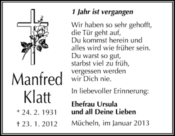 Traueranzeige von Manfred Klatt von Mitteldeutsche Zeitung Merseburg/Querfurt