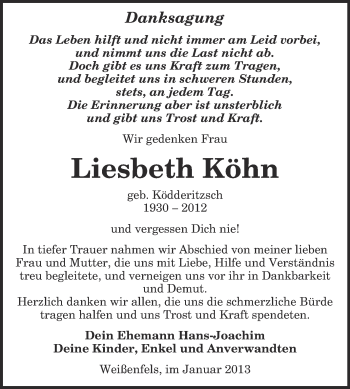 Traueranzeige von Liesbeth Köhn von Mitteldeutsche Zeitung Weißenfels