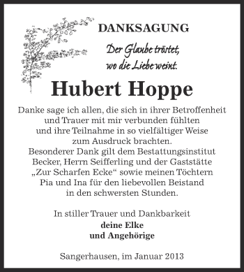 Traueranzeige von Hubert Hoppe von Mitteldeutsche Zeitung Sangerhausen