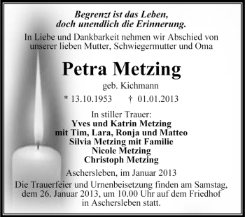 Traueranzeige von Petra Metzing von Mitteldeutsche Zeitung Aschersleben
