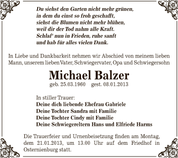 Traueranzeige von Michael Balzer von Mitteldeutsche Zeitung Köthen