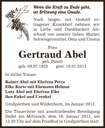 Traueranzeige von Gertraud Abel von Mitteldeutsche Zeitung Zeitz