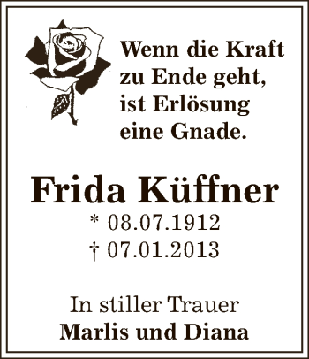 Traueranzeige von Frida Küffner von Mitteldeutsche Zeitung Bitterfeld