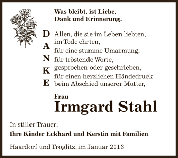 Traueranzeige von Irmgard Stahl von Mitteldeutsche Zeitung Zeitz