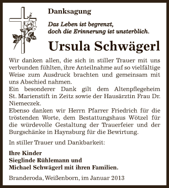 Traueranzeige von Ursula Schwägerl von Mitteldeutsche Zeitung Zeitz