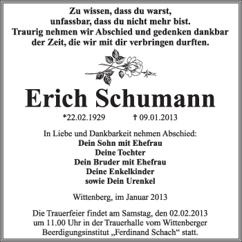 Traueranzeige von Erich Schumann von Mitteldeutsche Zeitung Jessen