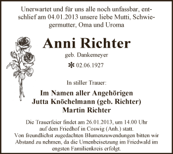 Traueranzeige von Anni Richter von Mitteldeutsche Zeitung Dessau-Roßlau