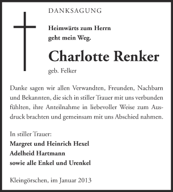 Traueranzeige von Charlotte Renker von Mitteldeutsche Zeitung Weißenfels