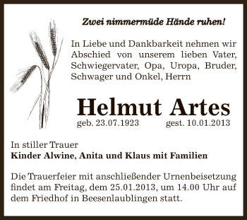 Traueranzeige von Helmut Artes von Mitteldeutsche Zeitung Bernburg