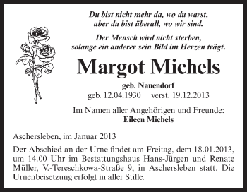 Traueranzeige von Margot Michels von Mitteldeutsche Zeitung Aschersleben
