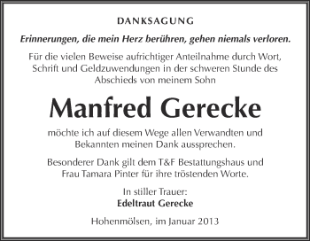 Traueranzeige von Manfred Gerecke von Mitteldeutsche Zeitung Weißenfels