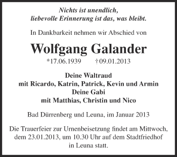 Traueranzeige von Wolfgang Galander von Mitteldeutsche Zeitung Merseburg/Querfurt