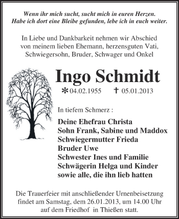 Traueranzeige von Ingo Schmidt von Mitteldeutsche Zeitung Dessau-Roßlau