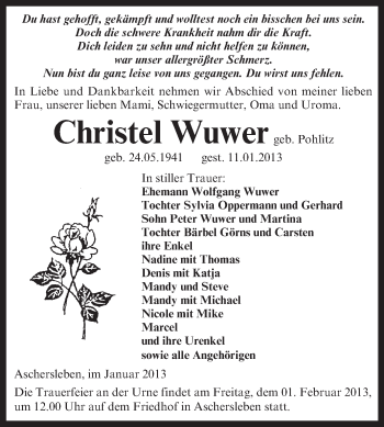 Traueranzeige von Christel Wuwer von Mitteldeutsche Zeitung Aschersleben