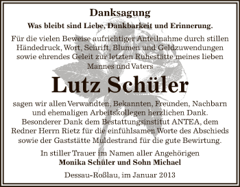 Traueranzeige von Lutz Schüler von Mitteldeutsche Zeitung Dessau-Roßlau