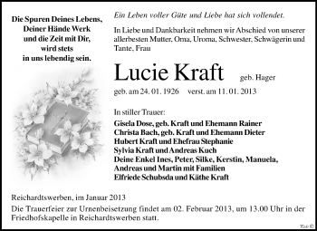 Traueranzeige von Lucie Kraft von Mitteldeutsche Zeitung Weißenfels