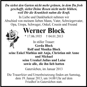 Traueranzeige von Werner Block von Mitteldeutsche Zeitung Aschersleben