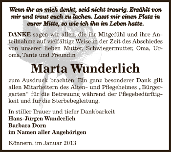 Traueranzeige von Marta Wunderlich von Mitteldeutsche Zeitung Bernburg