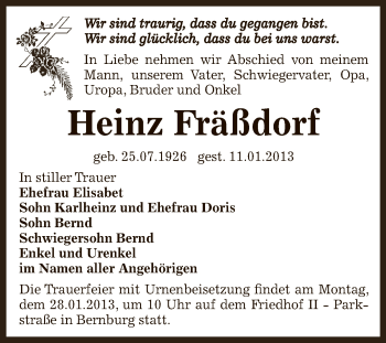 Traueranzeige von Heinz Fräßdorf von Mitteldeutsche Zeitung Bernburg