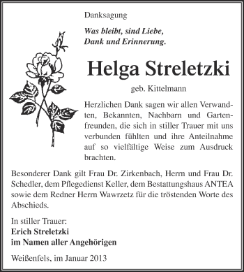 Traueranzeige von Helga Streletzki von Mitteldeutsche Zeitung Weißenfels