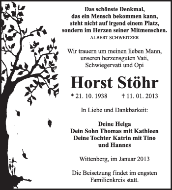 Traueranzeige von Horst Stöhr von Mitteldeutsche Zeitung Wittenberg