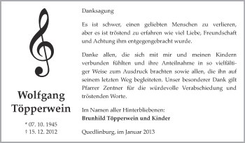 Traueranzeige von Wolfgang Töpperwein von Mitteldeutsche Zeitung Quedlinburg
