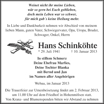 Traueranzeige von Hans Schinköhte von Mitteldeutsche Zeitung Weißenfels