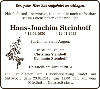 Traueranzeige von Hans-Joachim Steinhoff von Mitteldeutsche Zeitung Mansfelder Land
