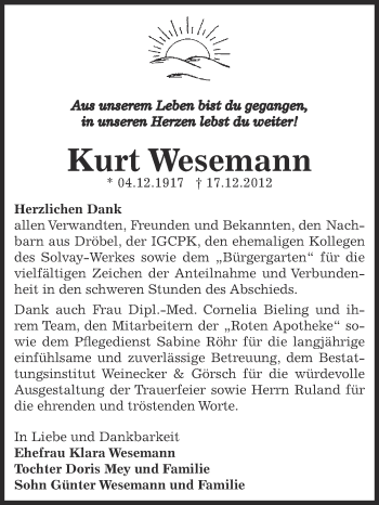 Traueranzeige von Kurt Wesemann von Mitteldeutsche Zeitung Bernburg