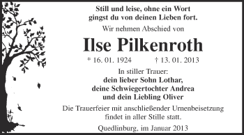 Traueranzeige von Ilse Pilkenroth von Mitteldeutsche Zeitung Quedlinburg