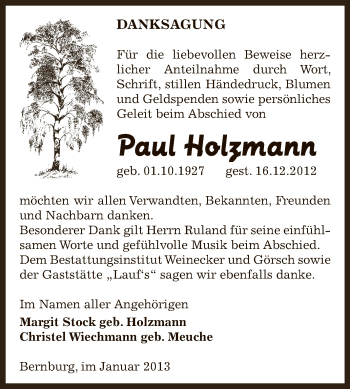 Traueranzeige von Paul Holzmann von Mitteldeutsche Zeitung Bernburg