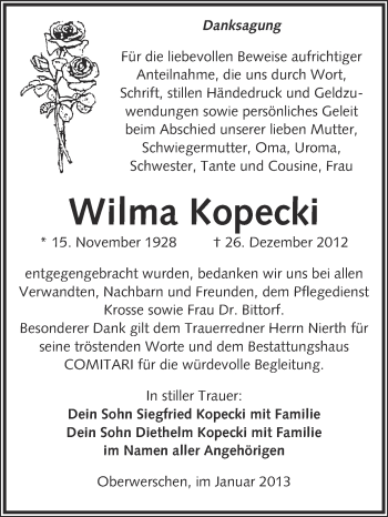 Traueranzeige von Wilma Kopecki von Mitteldeutsche Zeitung Weißenfels