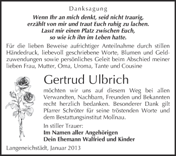 Traueranzeige von Gertrud Ulbrich von Mitteldeutsche Zeitung Merseburg/Querfurt