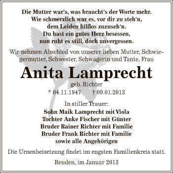 Traueranzeige von Anita Lamprecht von Mitteldeutsche Zeitung Zeitz