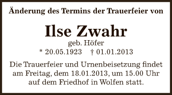 Traueranzeige von Ilse Zwahr von Mitteldeutsche Zeitung Bitterfeld
