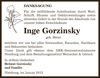 Traueranzeige von Inge Gorzinsky von Mitteldeutsche Zeitung Bernburg