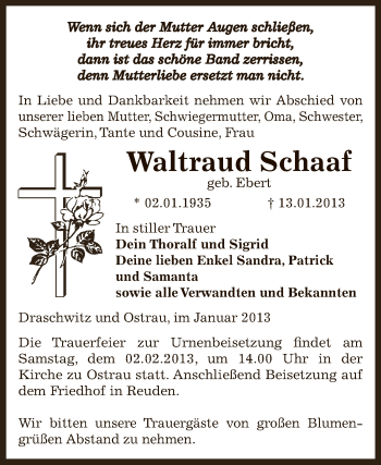 Traueranzeige von Waltraud Schaaf von Mitteldeutsche Zeitung Zeitz