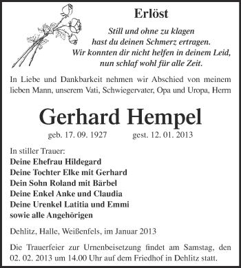 Traueranzeige von Gerhard Hempel von Mitteldeutsche Zeitung Weißenfels