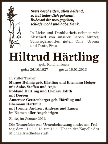 Traueranzeige von Hiltrud Härtling von Mitteldeutsche Zeitung Zeitz