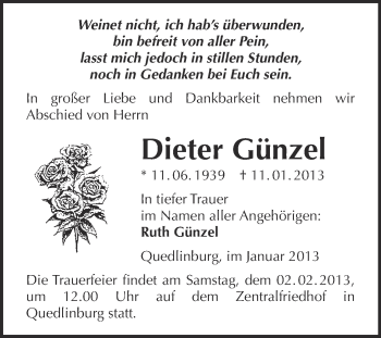 Traueranzeige von Dieter Günzel von Mitteldeutsche Zeitung Quedlinburg