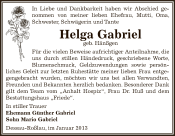 Traueranzeige von Helga Gabriel von Mitteldeutsche Zeitung Dessau-Roßlau
