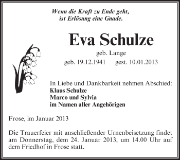 Traueranzeige von Eva Schulze von Mitteldeutsche Zeitung Aschersleben