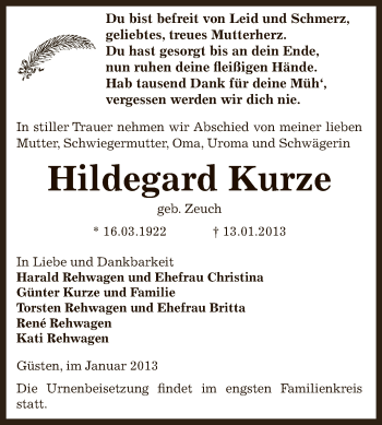 Traueranzeige von Hildegard Kurze von Mitteldeutsche Zeitung Bernburg