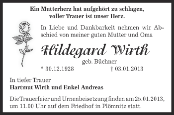 Traueranzeige von Hildegard Wirth von Mitteldeutsche Zeitung Bernburg
