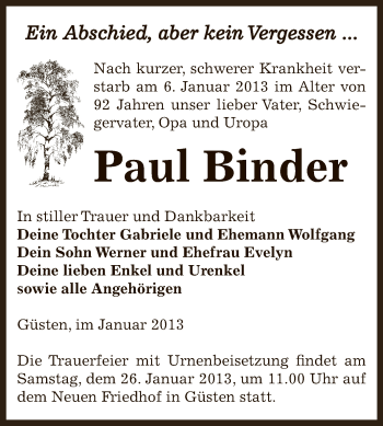 Traueranzeige von Paul Binder von Mitteldeutsche Zeitung Bernburg
