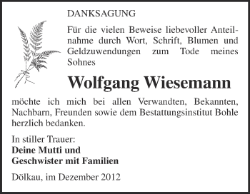 Traueranzeige von Wolfgang Wiesemann von Mitteldeutsche Zeitung Merseburg/Querfurt