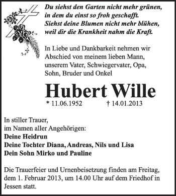 Traueranzeige von Hubert Wille von Mitteldeutsche Zeitung Wittenberg