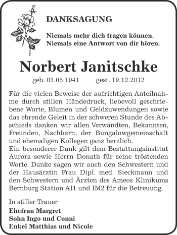 Traueranzeige von Norbert Janitschke von Mitteldeutsche Zeitung Bernburg